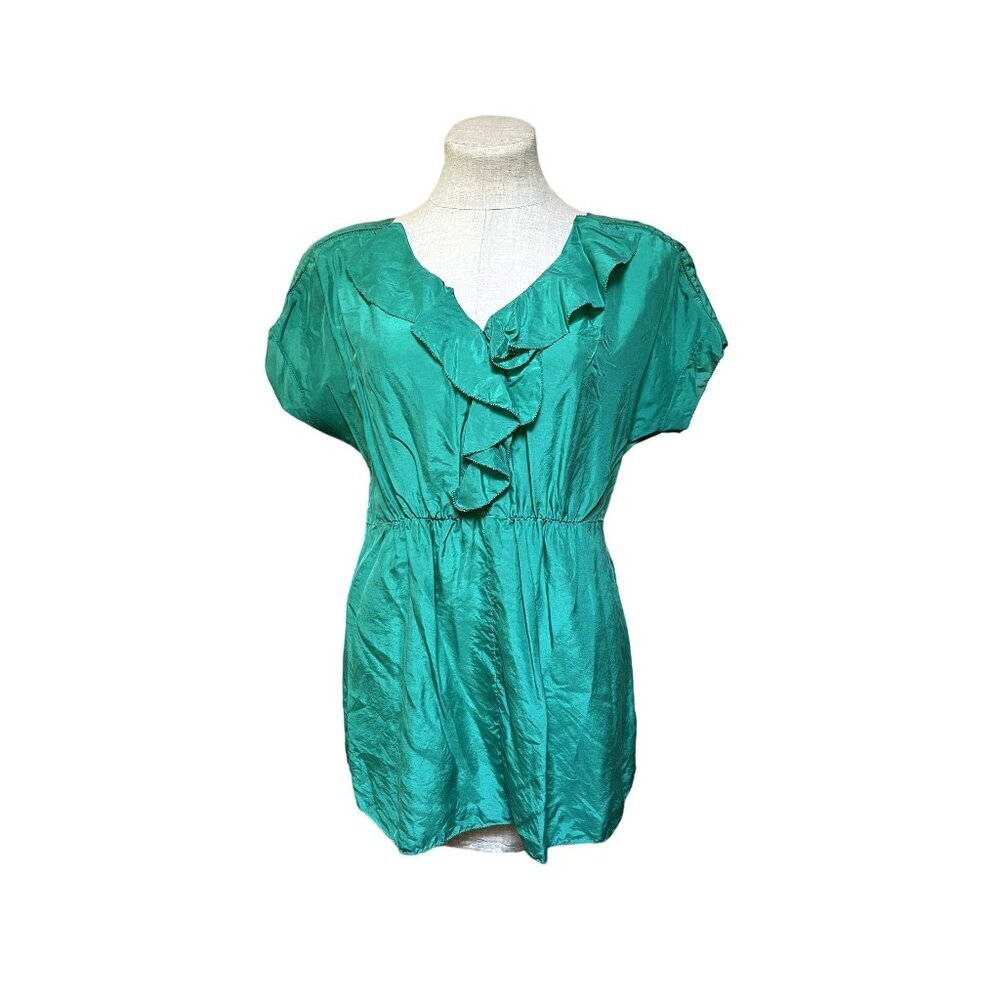 Vanessa Virginia Green Silk Peplum Short Sleeve Blouse Retro 30s Flounce V-Neck